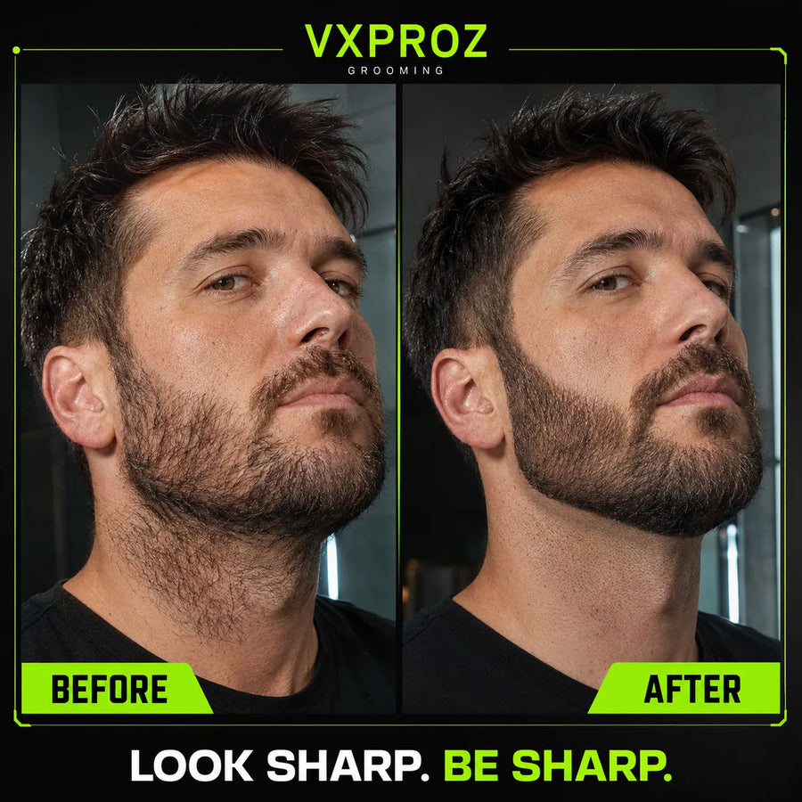 Before and after comparison of a shaped and faded beard