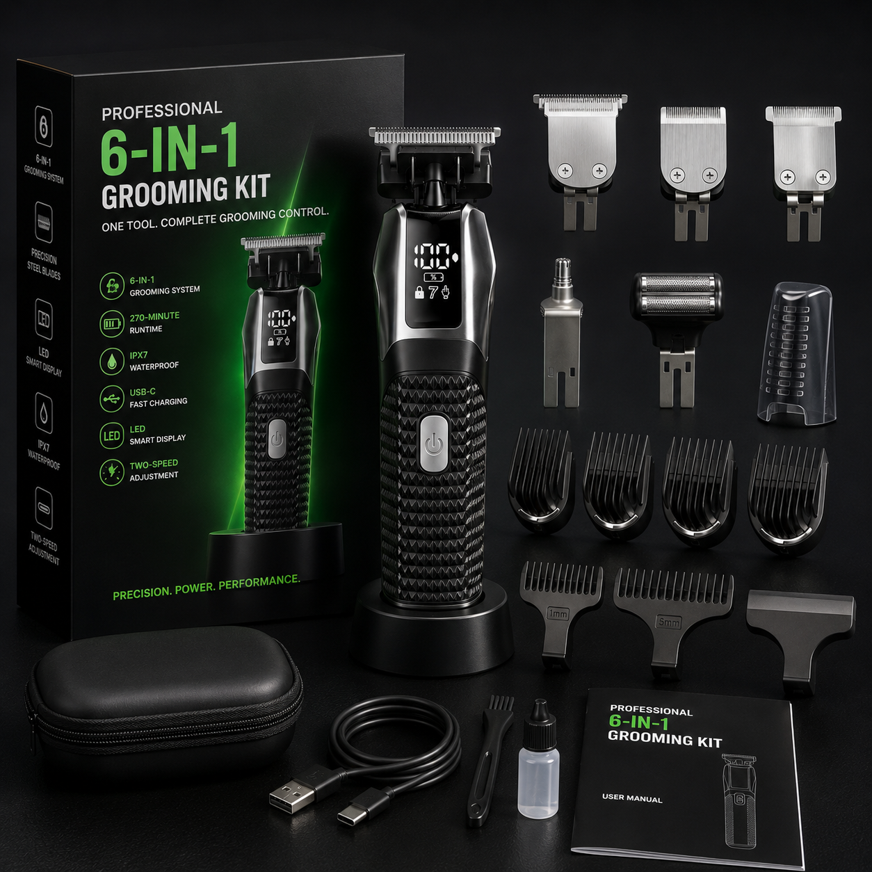 VXPROZ trimmer kit contents including attachments, guards, cable and storage case