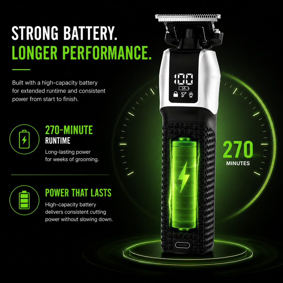 VXPROZ trimmer with LED battery display and USB-C charging port